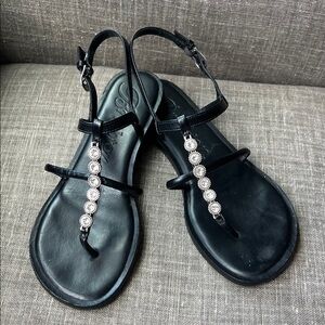 Brighton Black T-Strap Sandals with Crystal Accents